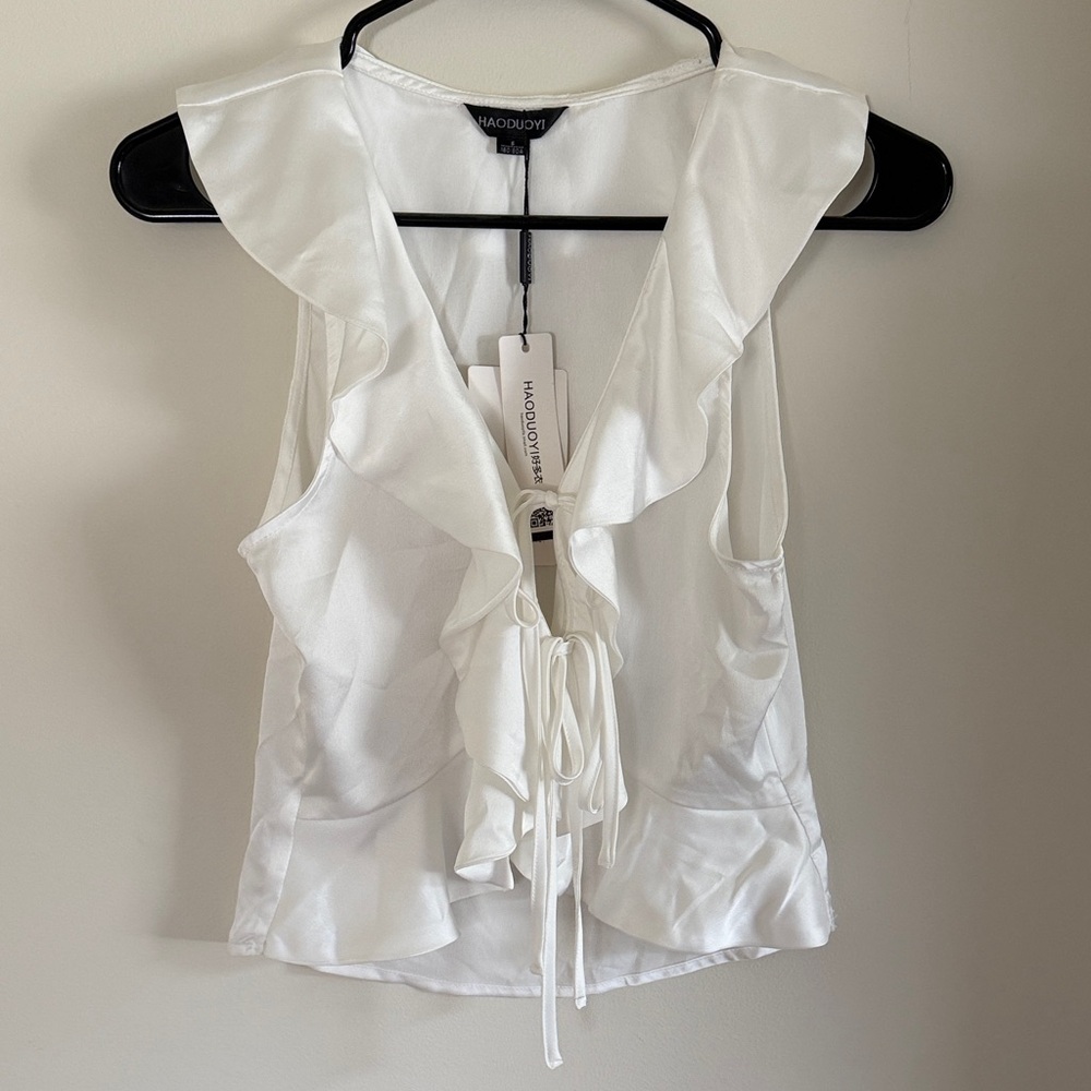 HAODUOYI White Ruffle Tie-Front Camisole